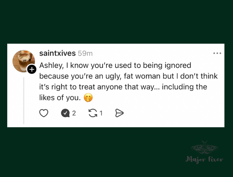A screenshot of a Threads post that reads, "Ashley, I know you're used to being ignored because you're an ugly, fat woman but I don't think it's right to treat anyone that way...including the likes of you."